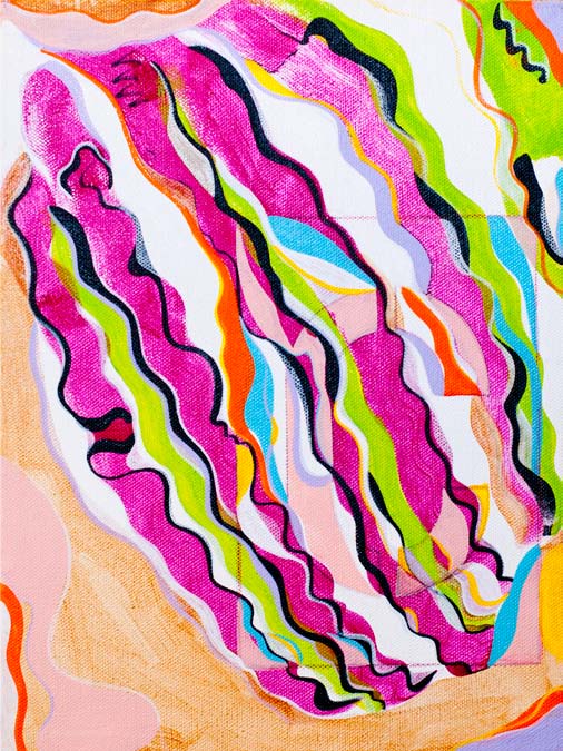 Colorful abstract pattern with wavy lines on a textured background, with the letter C inside